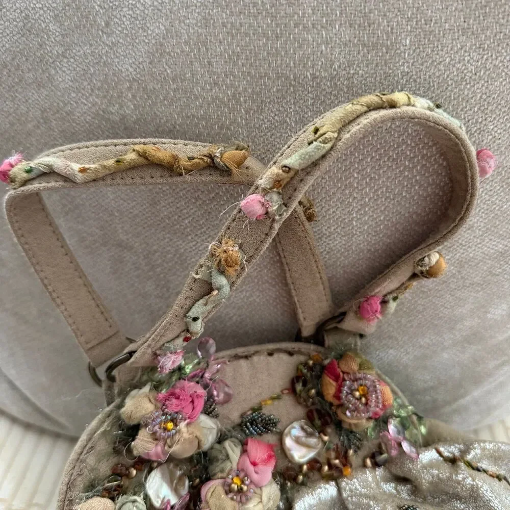 Mary Frances Vintage Embroidered Floral Beaded Handbag Metallic Gold/silver